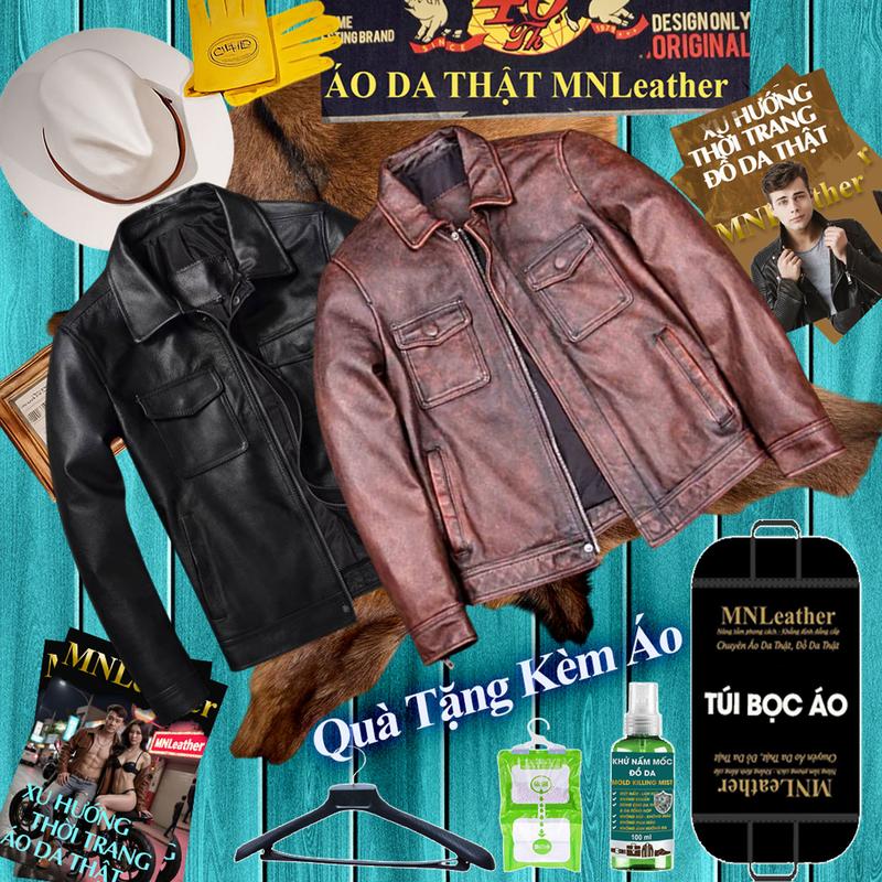  Áo Khoác Da Bò Thật Nam MNLeather Cổ Bẻ Túi Hộp Màu Nâu Và Màu Đen Dành Cho Nam 