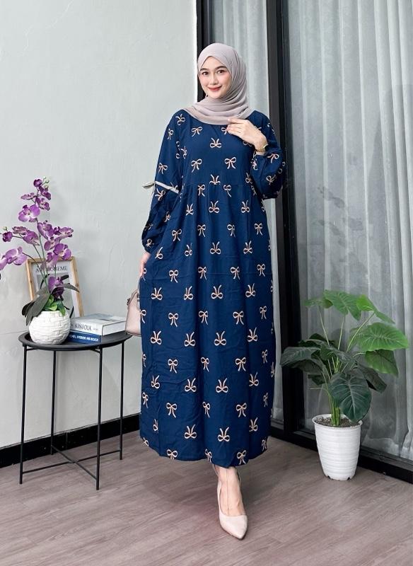 Gamis rayon kekinian motif pita lengan panjang | gamis rayon adem motif terbaru busui ld 120 best