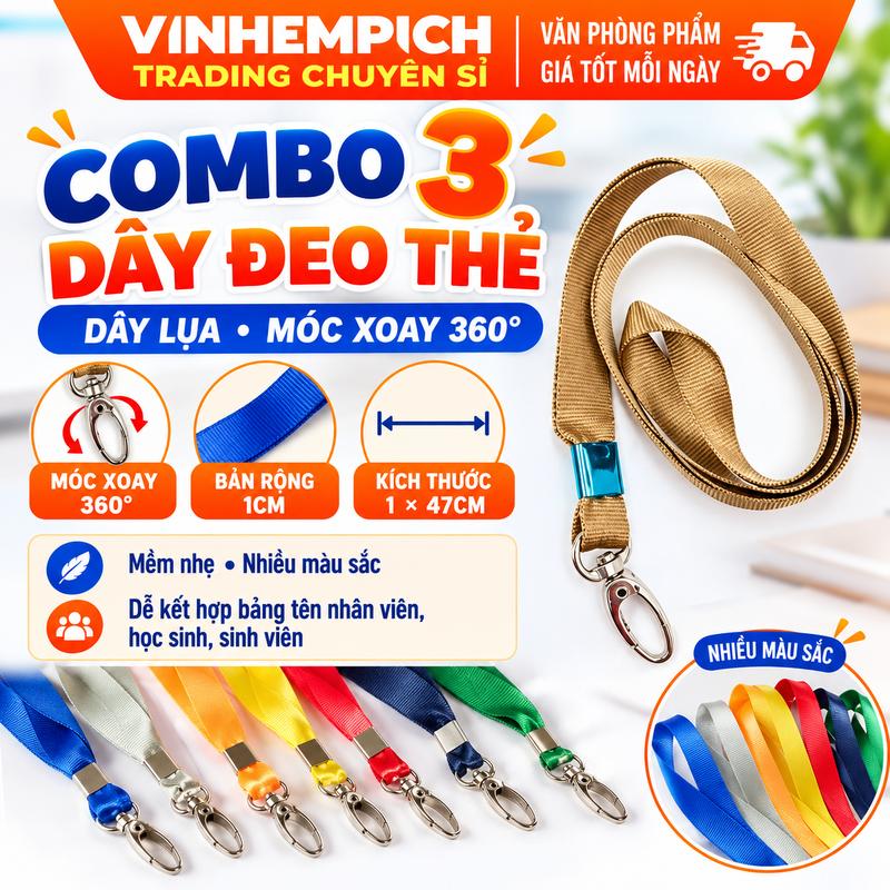Combo 3 Dây đeo thẻ bảng tên móc xoay 360 độ bản 1cm DÂY LỤA MÓC XOAY
