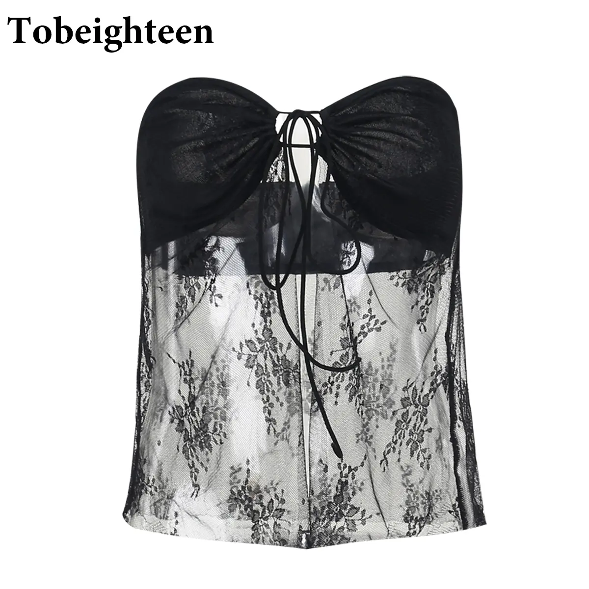 XY22169PF-Áo Crop Top Ren Lưới Thêu, Dây Đeo Ngực, Băng Đô