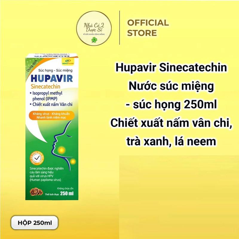 [Che tên] Nước súc miệng súc họng Hupavir Sinecatechin 250 ml chiết xuất nấm vân chi, trà xanh, lá neem kháng khuẩn, kháng virus, nhanh lành niêm mạc hỗ trợ viêm nhiễm miệng họng, lympho, ngăn ngừa sùi mào gà, hơi thở thơm mát cho cả nam và nữ