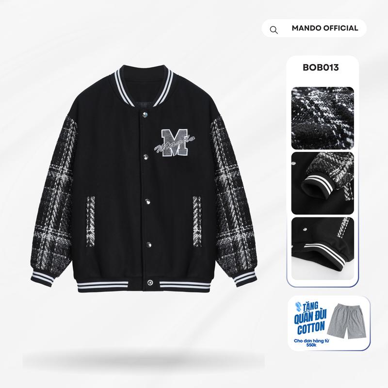  BOB013 Áo Khoác Varsity Jacket MANDO Phối Vải Dạ Tweed Logo Thêu Nổi Dày Dặn Menswear Dài Tay Đen aokhoac nam 