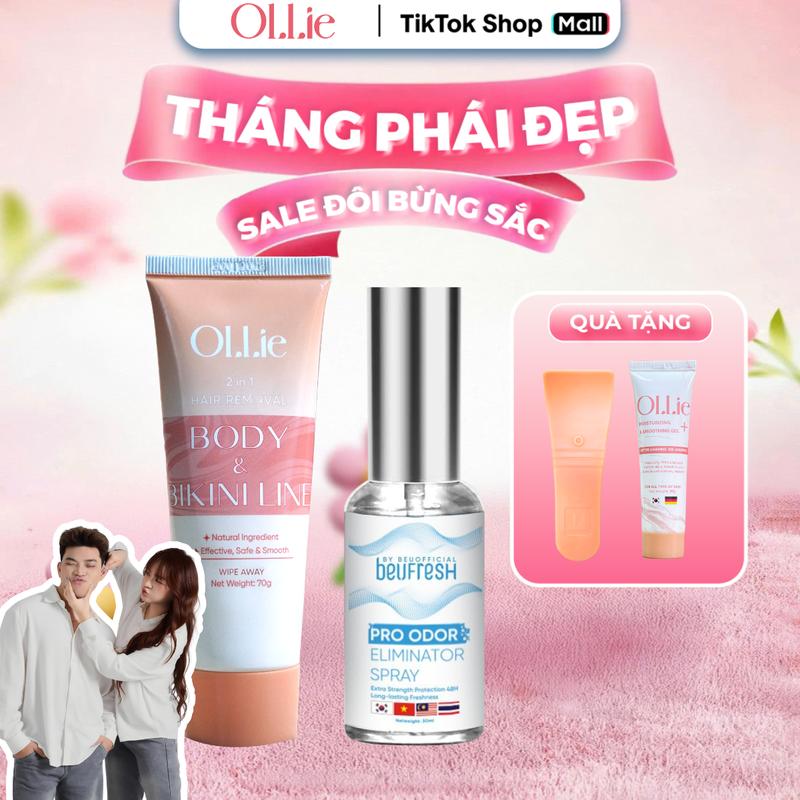 [Deal hàng chính hãng-có bảo hành] - XNQL208 COMBO 1 OLLIE KEM TẨY LÔNG Body cho Nam Nữ + 1 BEUFRESH PRO Xịt Khử Mùi Toàn Thân hôi nách Tặng 1 OLLIE Gel Dưỡng Giúp Da Mềm Mịn + 1 Que Gạt kemtaylong