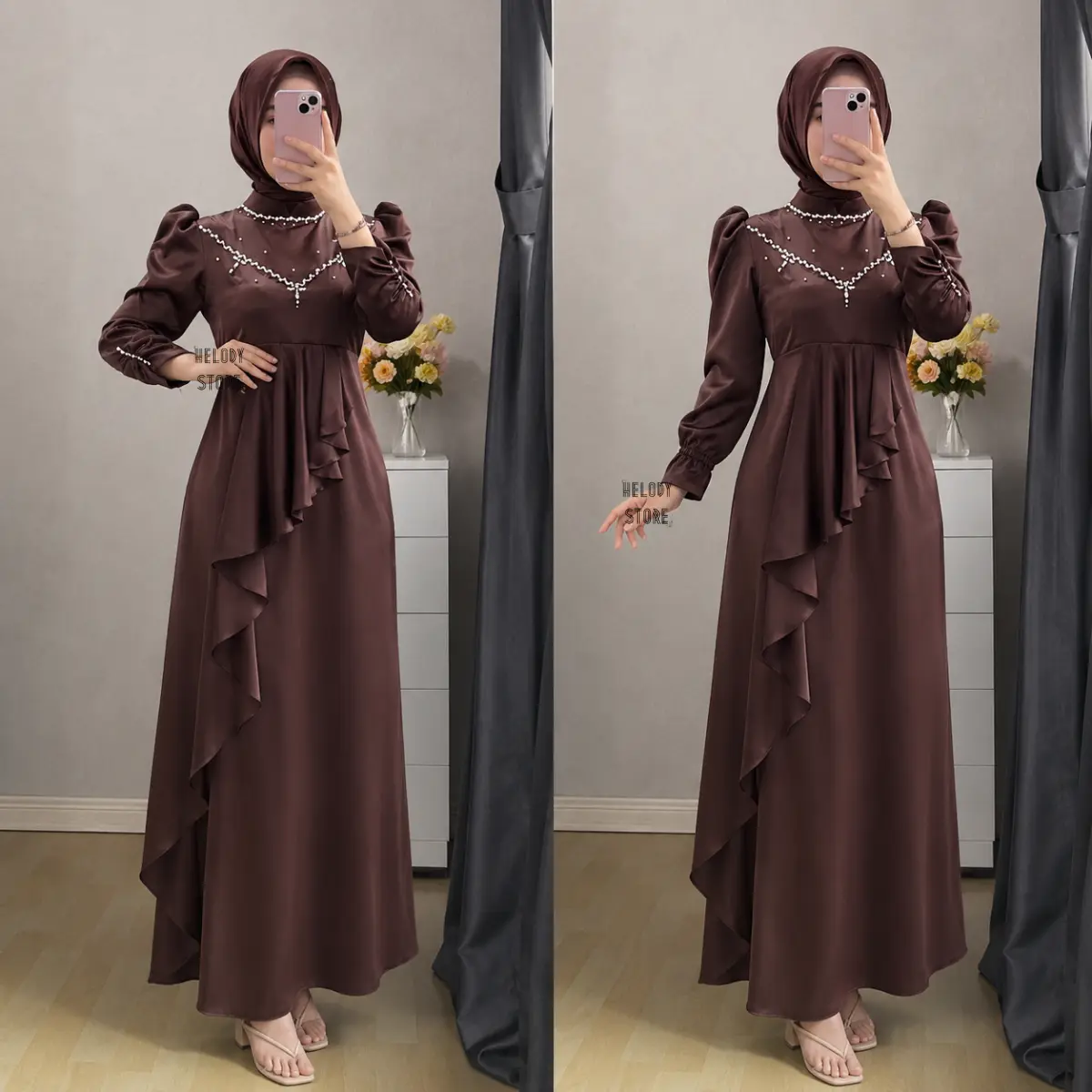 Rashiqa Dress Raya Baju Lebaran by Sandanganku Apik Gamis Kondangan Bridesmaid Lamaran Pesta Wedding Wanita Dewasa Burgundy Simpel Slim Fit Maxi Satin Silk Premium Gaun Remaja Muslim Seragam Elegan Mewah