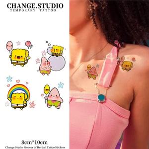 รอยสักสี ดีไซน์ SpongeBob รอยสักชั่วคราว ต่ออายุได้ 7 วัน กันน้ำและกันรอยขีดข่วน สติ๊กเกอร์รอยสัก