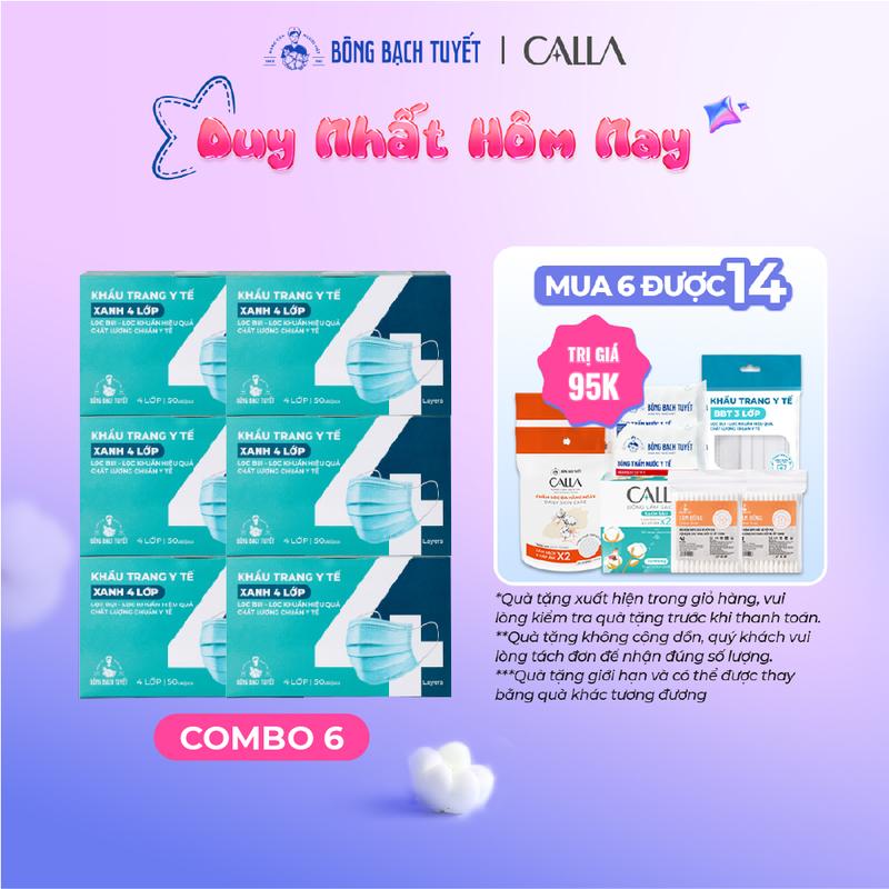  Combo 6 Khẩu trang Bông Bạch Tuyết 4 lớp xanh  50 cái hộp  