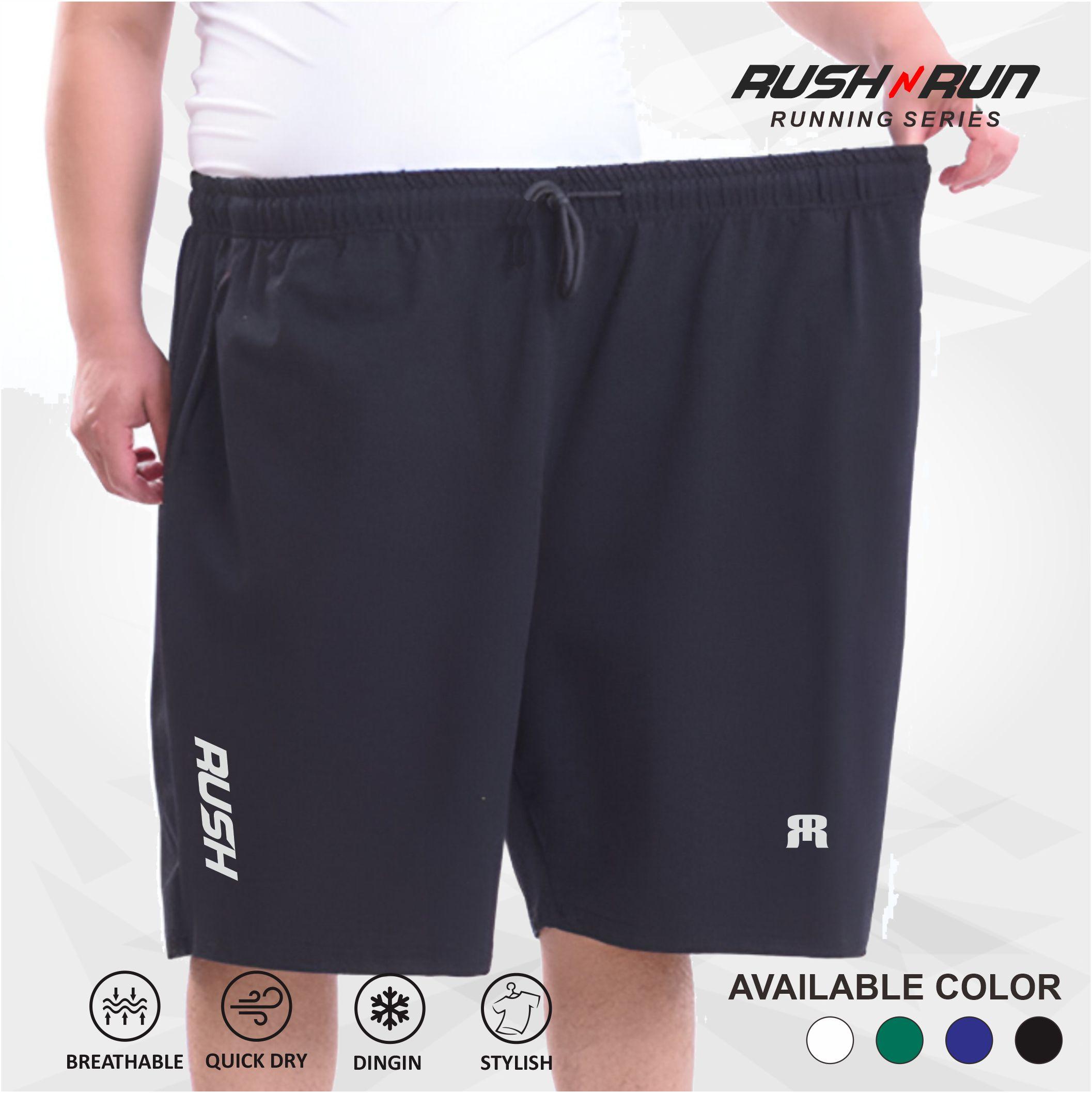 Rush N Run Celana Pendek Olahraga Pria Big Size Jumbo 3XL-6XL Bahan Dry Fit Saku Kanan Kiri Sablon Polyflex Karet Celana Santai Olahraga