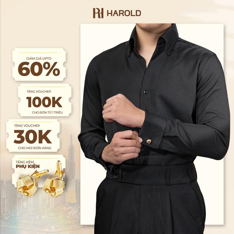 Áo Sơ Mi Dài Tay Nam Cao Cấp Harold Cổ Button Down + Cufflinks Xám Khói, Đen, Navy Đi Chơi, Đi Tiệc Thiết Kế Sang Trọng, Vải Cotton Thoáng Khí,  Thấm Hút Mồ Hôi, Đứng Form Slimfit Tôn Dáng, Thanh Lịch - Hàng Cao Cấp Menswear
