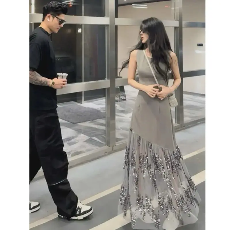 Váy cổ vuông không tay váy dài phối e ren bling nữ thanh lịch 2025