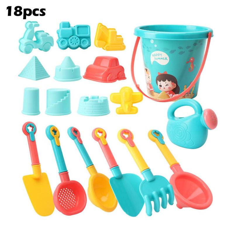 Product Introduction of 18Pcs/Set Travel Beach Toys Kids Beach Toys Set With Sand Rake Watering Can Bucket Shovels Rakes Models Play Tools 18