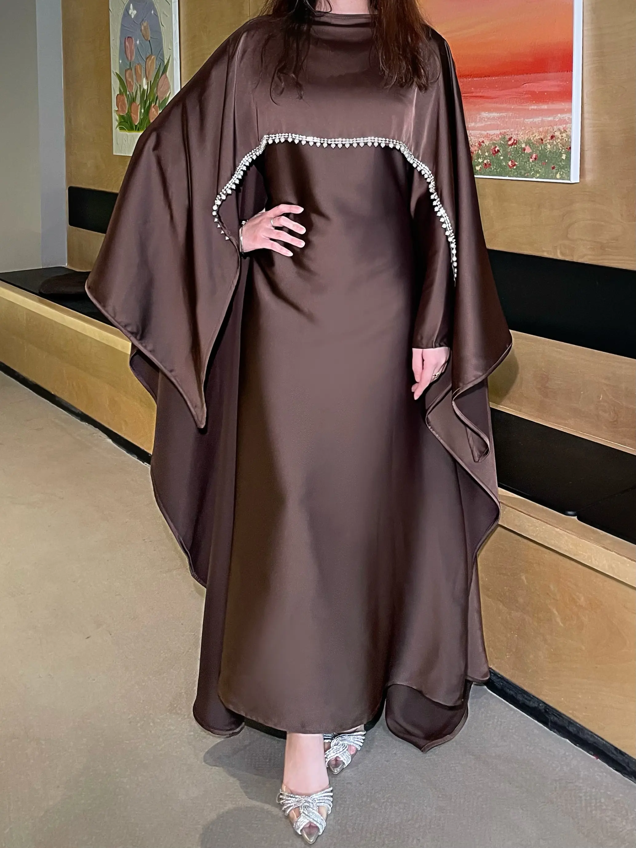 Ramadan Promotion Satin cape elegant dress , occasion abaya , Modest dress with pearl and crystal