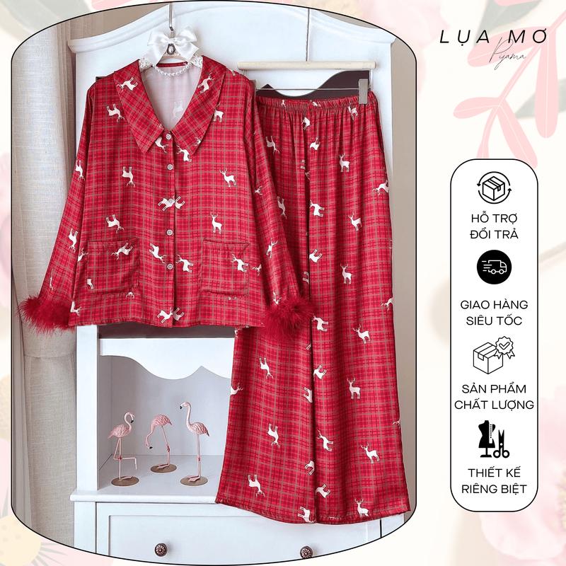 Pijama Tiểu Thư Tay Lông Vũ Mùa Đông Họa Tiết Giáng Sinh Vải Lụa Latin Cao cấp - Đồ bộ Lụa Mơ LM196