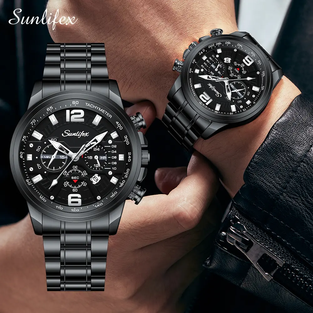 【003Harga telah diganti, cepat beli】Sunlifex Jam Tangan Pria Kalender Kasual Kemewahan Tali Stainless Steel Kuarsa Jam Tangan Cowok Watches SL9033