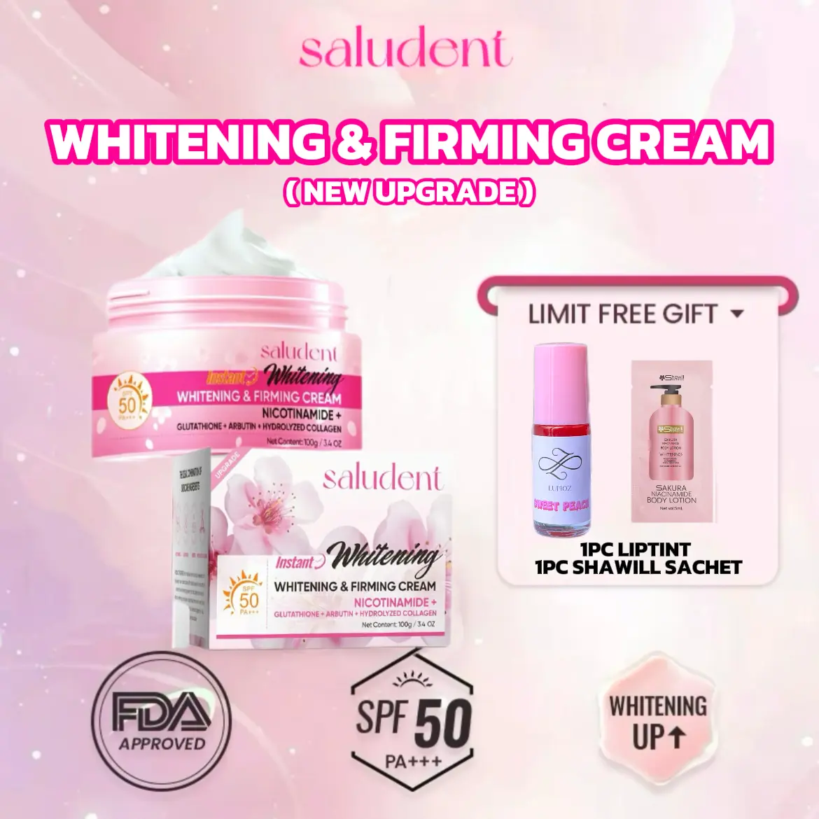FDA APPROVED】SALUDENT WHITENING FACIAL CREAM NICOTINAMIDE GLUTATHIONE ARBUTIN GLOWING SAKURA CREAM SPF50 PA+++ 100g