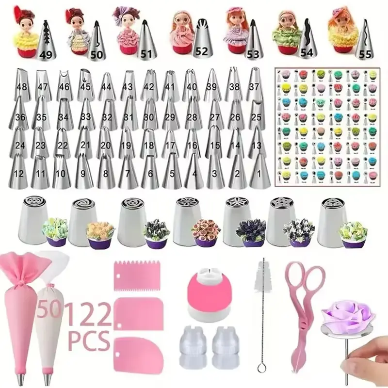 122Pcs Cake Decorating Set with Korean & Russian Nozzles | Set Dekorasi Kue Lengkap Korean Tips + Russian Tips | Perlengkapan Baking Profesional