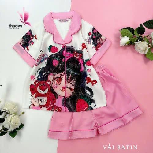 [10-57Kg] Đồ Bộ Pijama Đùi Gấu Dâu Chấm Bi" Vải Lụa Cao Cấp - ThaoVySleepwear - Xanh Rêu Đỏ Hồng Tím - Quần Áo Ngủ Pijama Nữ - Bé Gái - Bộ Ngủ Lụa Đồ Bộ Mặc Nhà Homewear Sleepwear Không Nhăn Co Giãn Không Xù Giặt Không Rút