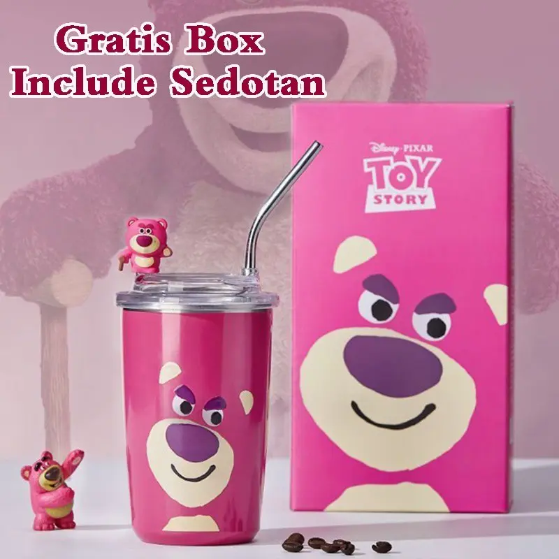 Termos Tumbler Minum Lotso 450ML Strawberry Bear  Botol Minum Anak Stainless steel Motif Lotso Dengan Sedotan + BOX