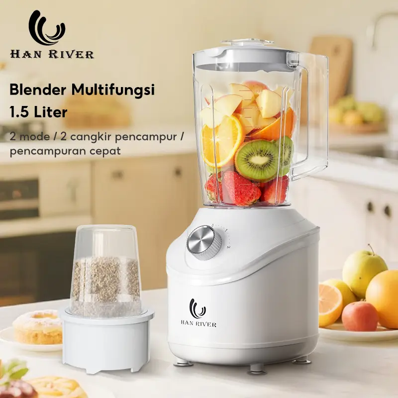 HAN RIVER Blender Multifungsi 250W Suara Lembut 2-IN-1 Blender Terbaik Pembuat Jus double cup 1500ML