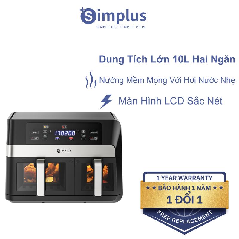 SimplusVN Nồi Chiên Không Dầu Hai Ngăn Dung Tích Lớn 10LMàn Hình LCD Menu 11 Món Cài Sẵn Cửa Sổ Trong Suốt KQZG020 Bảo Hành 1 Năm Chỉ Đổi Không Sửa