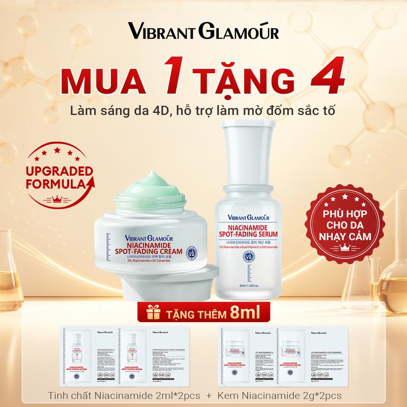 VIBRANT GLAMOUR Bộ Đôi Niacinamide 2.0 Mờ Thâm Nám | Làm Sáng Da 4D × Giảm Đốm Nâu × Phục Hồi Hàng Rào Bảo Vệ Da | Serum 5% + Kem Dưỡng 3% | Chống Xỉn Màu & Ngăn Thâm Tái Phát 30ml + 30g