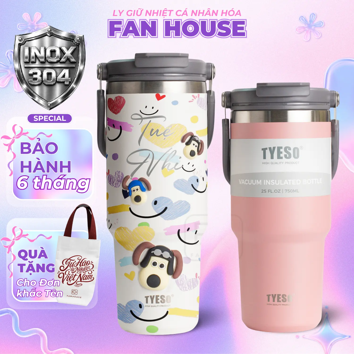[Tặng Túi Canvas Khi Khắc Tên] Ly giữ nhiệt Tyeso V2 chính hãng 4 dung tích 600-1200ml inox 304 Fan House khắc tên theo yêu cầu