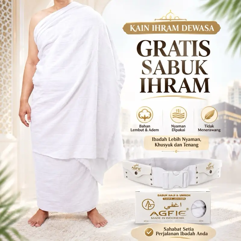 Kain Ihram Pria Dewasa Satu Set Atas dan Bawah GRATIS SABUK Nyaman Adem Tidak Menerawang 100% Nyaman untuk Ibadah Umroh
