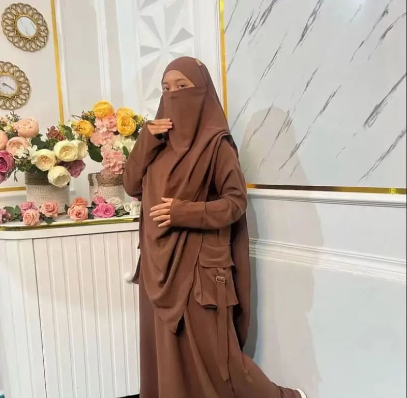 Abaya Cargo Syar'i Set French Khimar HITAM (FREE CADAR) / Gamis Abaya Crinkle Airflow  Size L XL XXL / Abaya Muslimah Terbaru 2025 / Abaya Syari Khimar Wanita 3