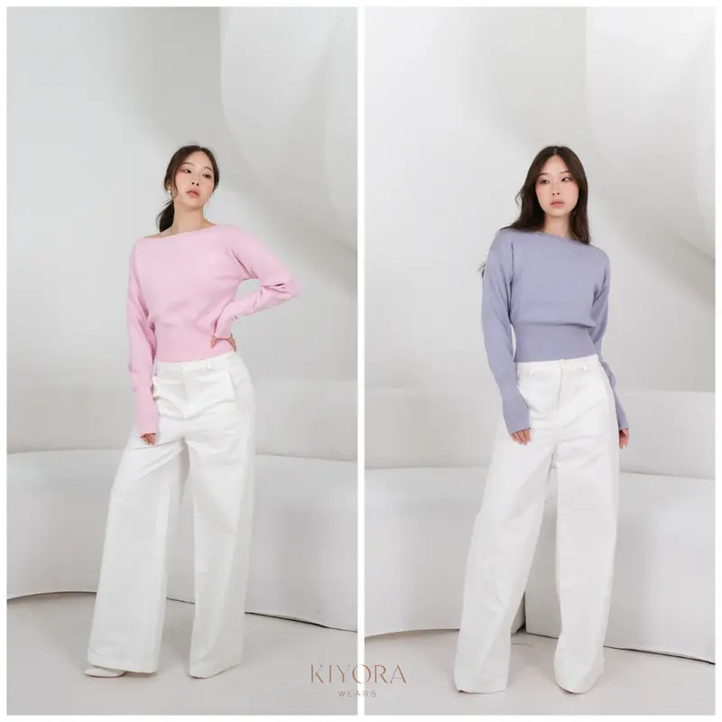 Kiyorawears - Yuki Knit Long Sleeve Top / One Shoulder Wanita / Sweater Knit / Atasan Wanita Kekinian / Atasan Rajut / Blouse Lengan Panjang / Blouse Wanita / Off Shoulder Top / Atasan Basic Rajut / Korean Style 1
