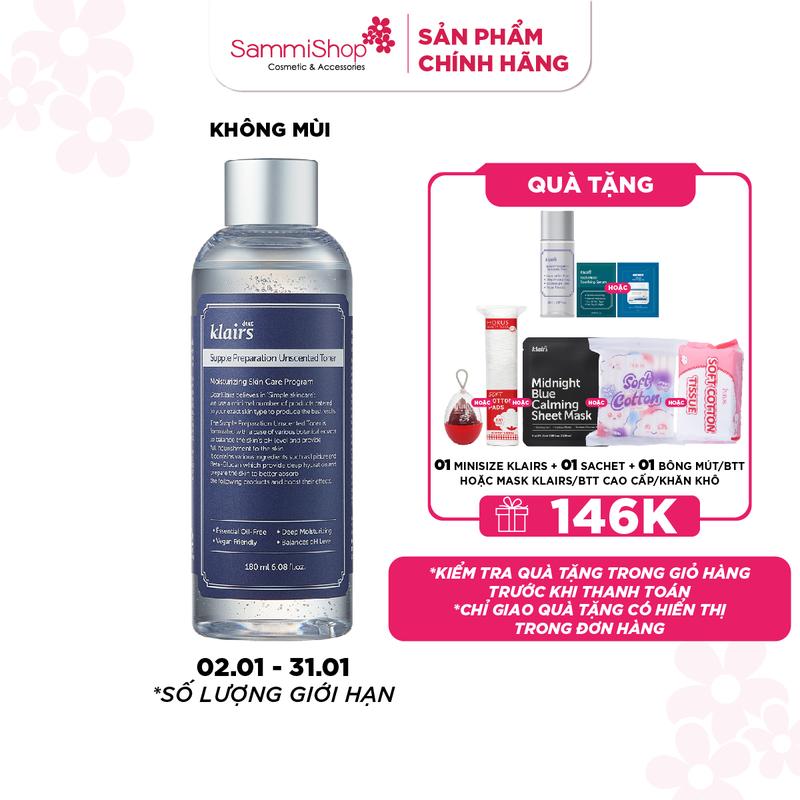 KLAIRS Supple Preparation Unscented Toner 180ml - Nước hoa hồng Dưỡng Ẩm Da LC