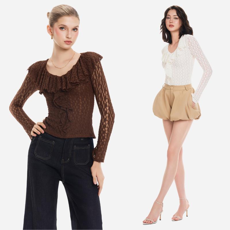  RECHIC Áo kiểu Perrine thun hoa dài tay nhẹ nhàng thanh lịch 
