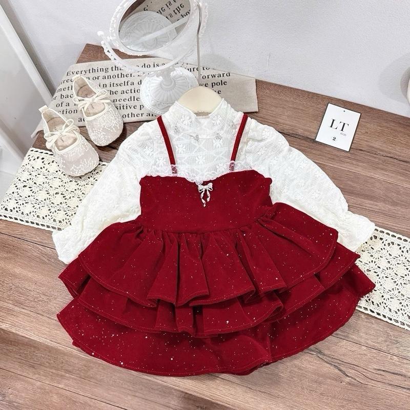  G28- Set yếm váy nhung bling bling kèm áo ren hoa xinh đẹp TẶNG KÈM TANG NƠ dành cho bé gái  9-31kg  