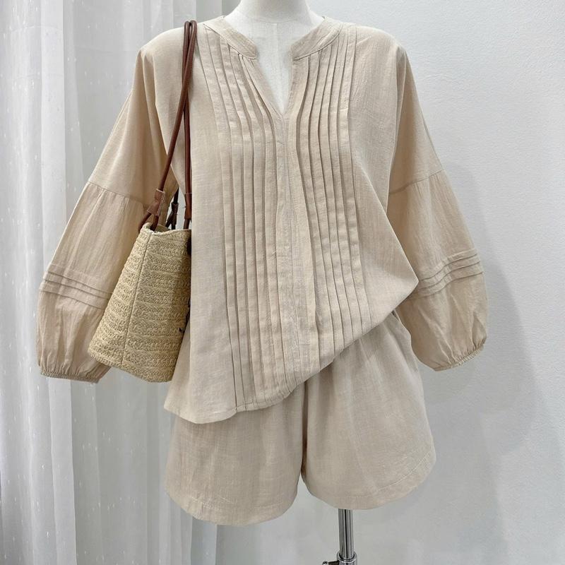 Set Áo Đũi Linen Xếp Li Tay Bồng”RIBI” Mix Quần Sooc Đũi Cạp Chun co giãn-Dành Cho Nữ 8