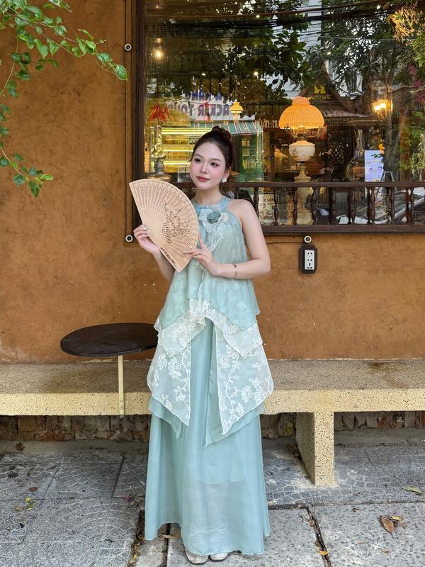  Set áo yếm tầng phối ren đính hoa kèm chân váy voan tơ ảnh thật  sẵn 