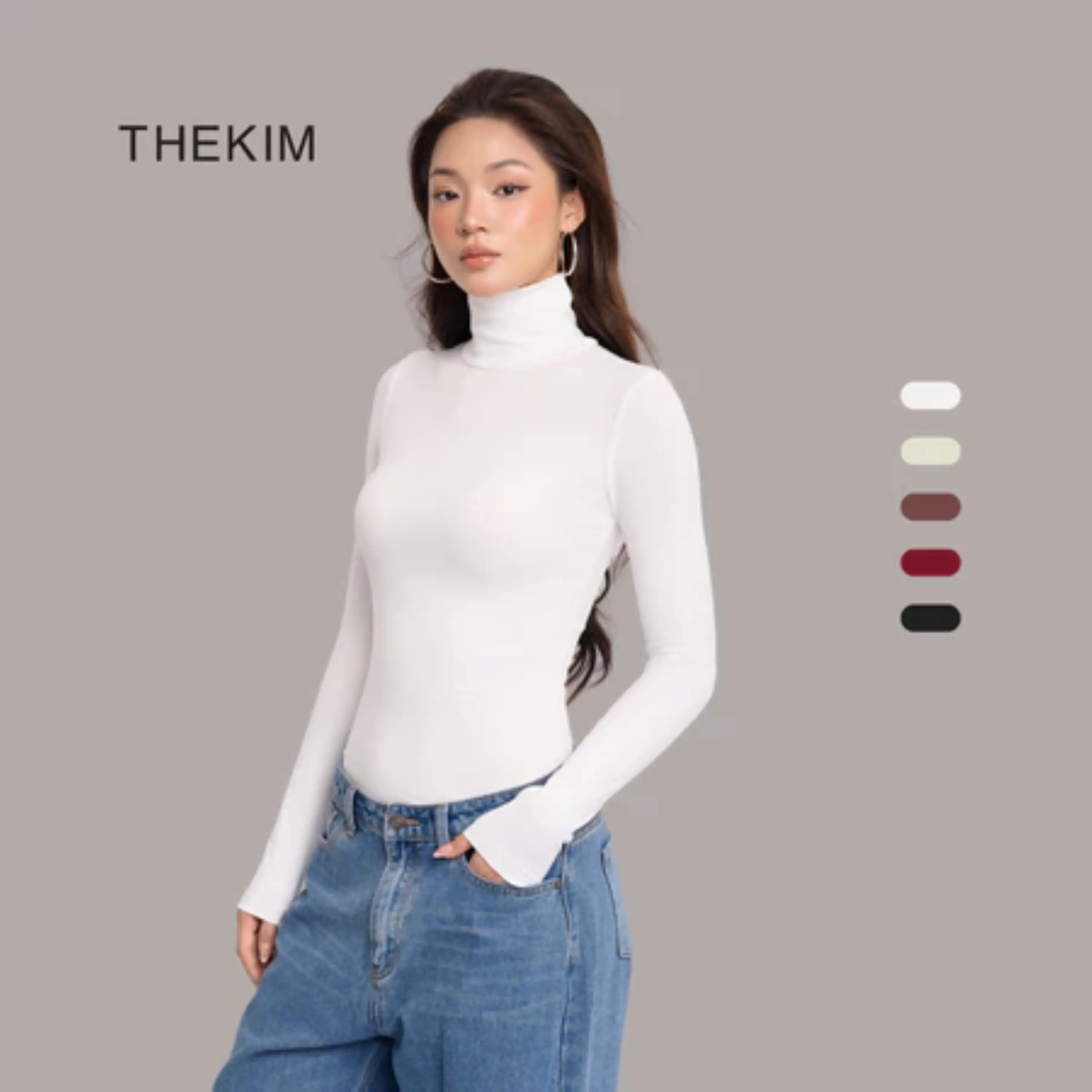THEKIM Áo thun tăm len giữ nhiệt cổ 9 phân dài tay nhiều màu , chất thun tăm lót lông áo len tăm cổ cao giữ nhiệt tay dài  AD132