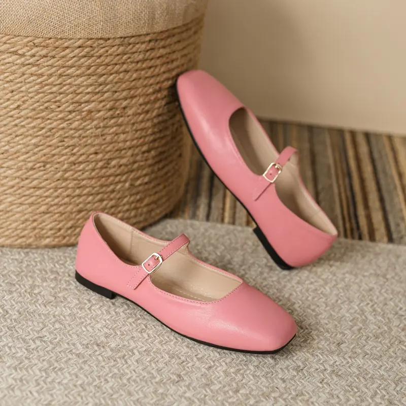 Women french flat soft leather square toe shallow style retro Mary Jane shoes