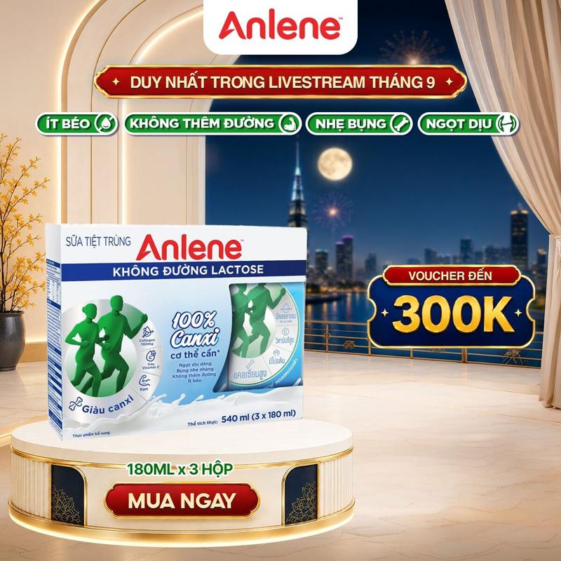 Lốc 3 hộp 180ml Sữa tiệt trùng Anlene Lactose Free không thêm đường, ít béo,…