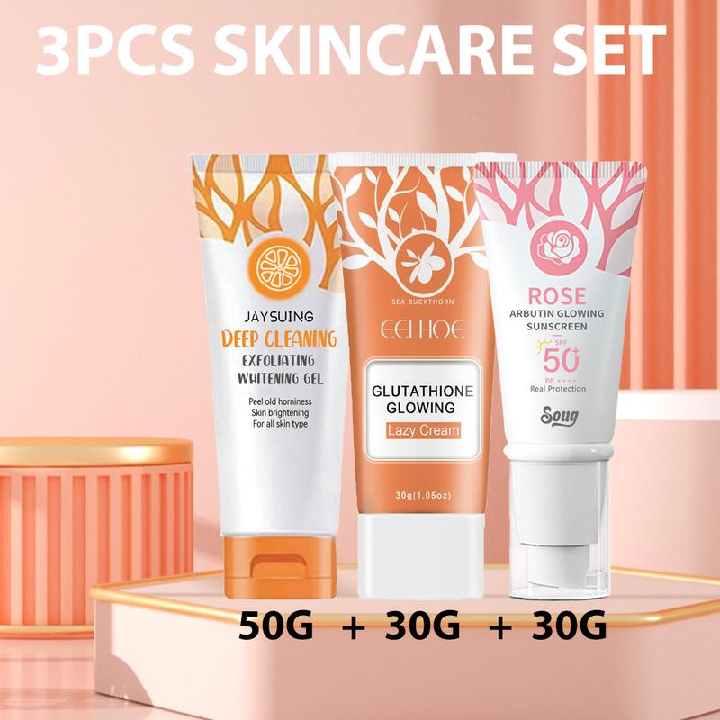 Bộ Chăm Sóc Da 3 Cái Kem Phát Sáng Chống Nắng Hoa Hồng 30g Gel Tẩy Tế Bào Chết Màu Cam 50g Kem Lười Làm Trắng Gluta 30g