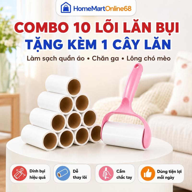 Combo 10 Lõi Lăn Bụi Tặng 1 Cây Lăn Bụi Quần Áo Chăn Ga Sofa Lông Chó Mèo Tiện…