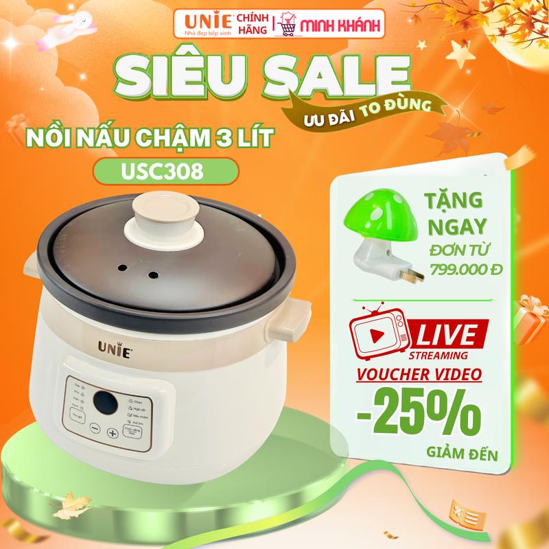 Nồi nấu chậm nồi kho cá nồi hầm UNIE USC308 - 3L lòng sứ siêu dày Chống cạn nước 8 chế độ nấu 