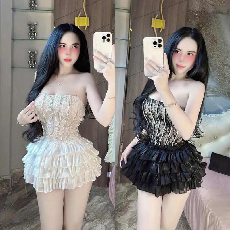  Set đồ nữ áo ren cúp ngực phối viền kim tuyến kèm chân váy tơ kiếng xếp tầng  Có Mút Có Lót  sang chảnh dành cho các nàng diện đi chơi đi tiệc. 