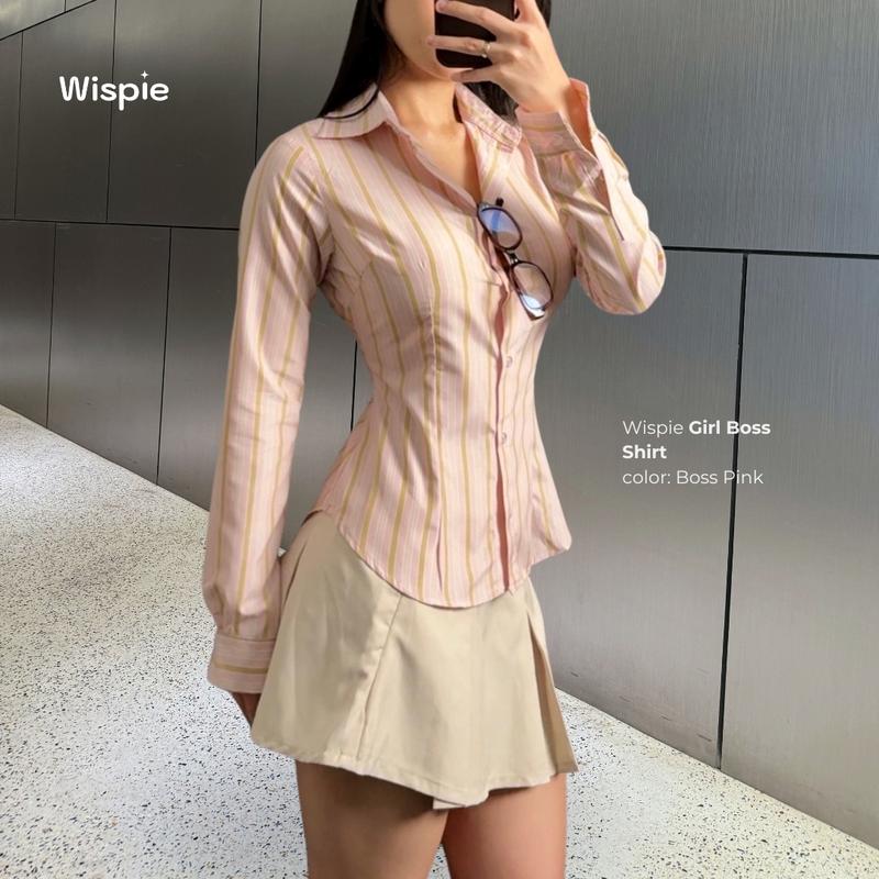 Wispie Girl Boss Fitted Shirt | Kemeja kerja wanita fit garis stripe karet Lembut pink hijau biru 3