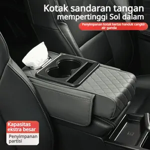 Bantalan peninggi armrest mobil model terbaru, kotak penyimpanan 4 in 1 dengan tempat tisu dan tempat gelas, sandaran siku universal untuk armrest tengah, armrest tengah untuk mobil, material napa leather premium anti gores dan tahan lama