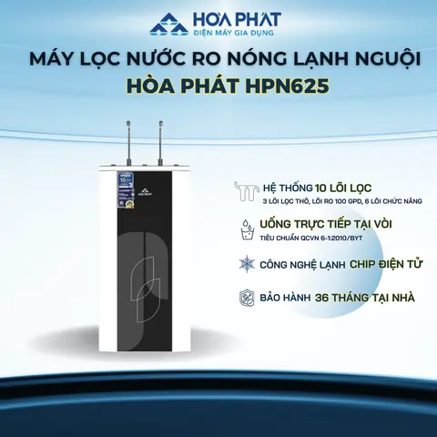 Máy lọc nước RO nóng nguội lạnh Hòa Phát HPN625, 10 cấp lọc, Nước uống trực tiếp tại vòi, Lưu lượng lọc 15L/h, Bảo hành chính hãng 3 năm