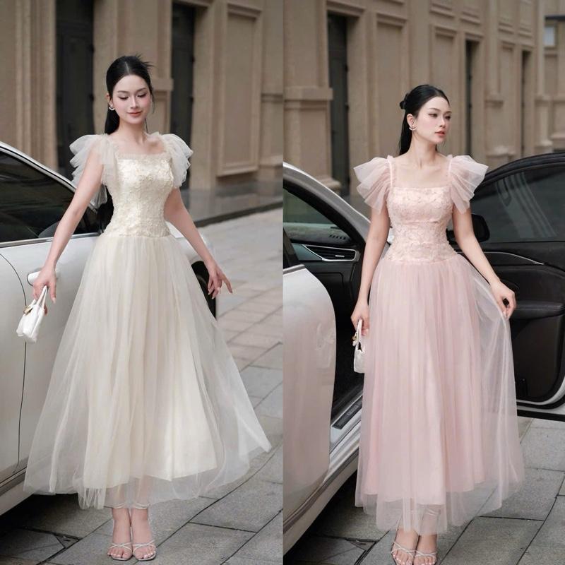    MiAn Dress   váy ren kim sa cách tiên phối chân lưới dài 