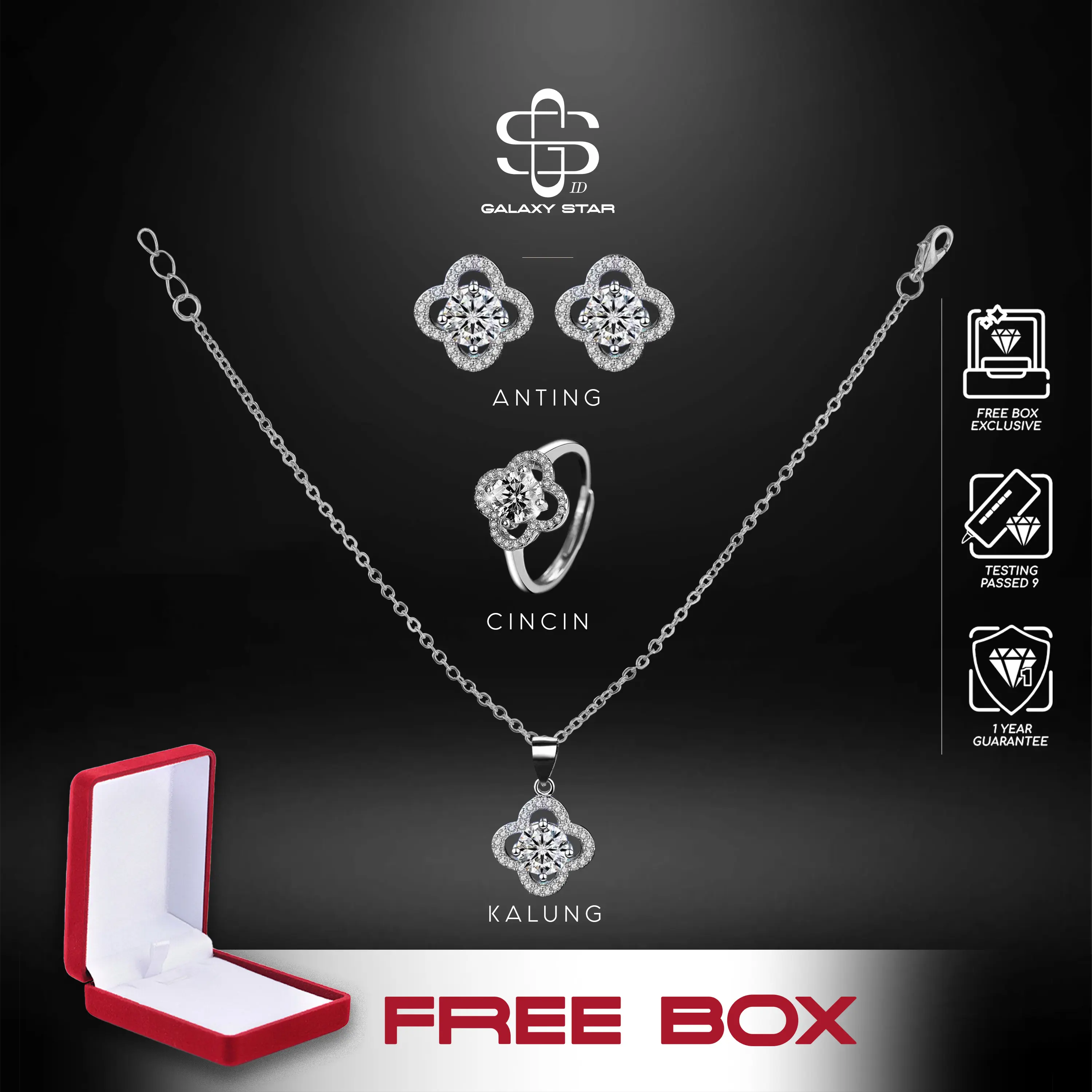 ((Free Box)) Lucky Semanggi Jewelry Set: Kalung, Anting, & Cincin Wanita Silver Zircon Crystal Korean Style - Set Viral Kekinian AAKB0009