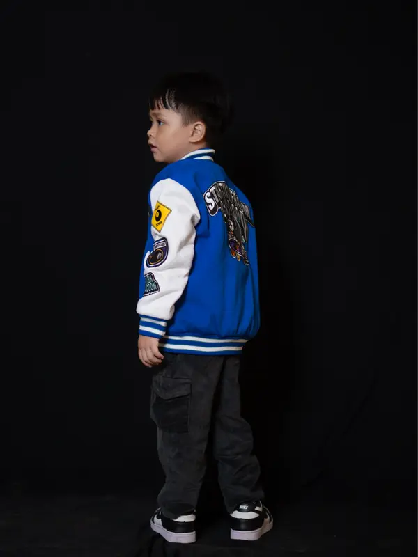 jaket varsity / baseball anak biru full Bordir billiard Motif Fashion 3