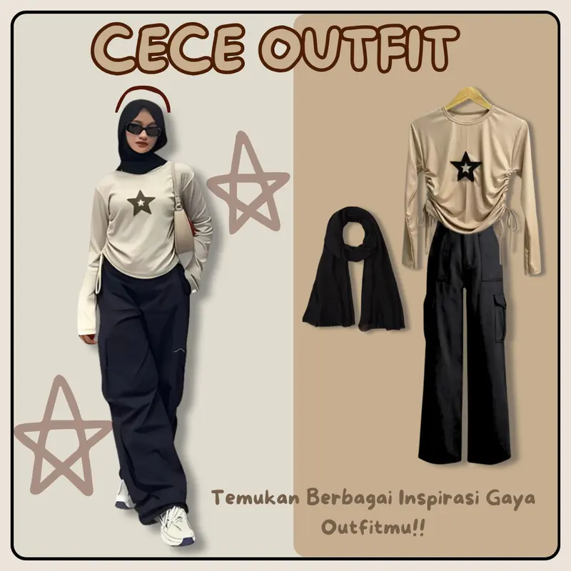 Setelan Wanita Casual | 3 IN 1 Outfit (Atasan Starla Blouse, Celana Cargo, Hijab Bella Square) | Kombinasi Oneset Hangout Kekinian - VM009 0