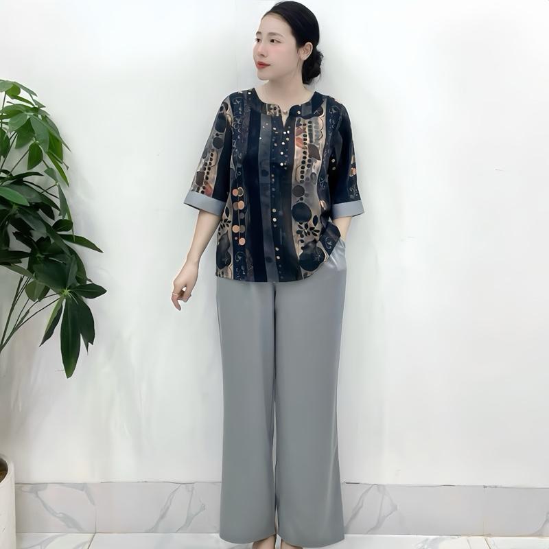 Set thiết kế áo kiểu trung niên, cổ đóng nút ngọc phối quần màu đi tiệc, đi chơi, chất mango nhật không nhăn, không rút, có size