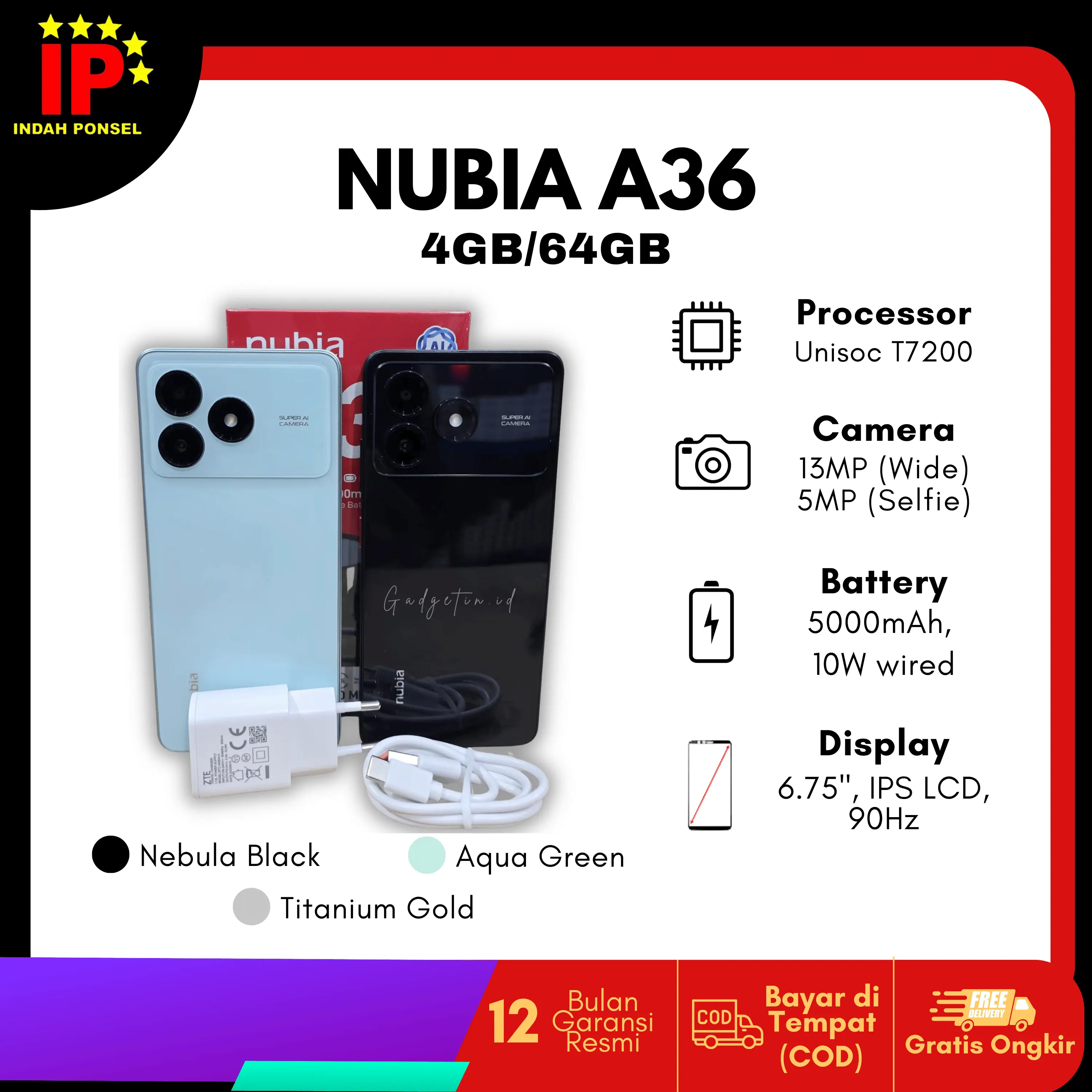 (Live Product) ZTE NUBIA A36 (4+8)GB/64GB Smartphone Kamera AI 13MP Garansi Resmi Nasional
