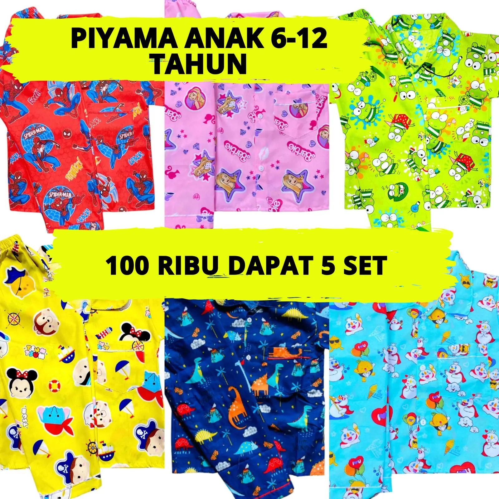 PIYAMA ANAK JUNIOR USIA 6-12 TAHUN 100 RIBU DAPAT 5 SETELAN